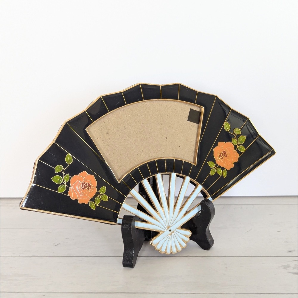 Vintage 1980's Japanese Fan Shaped Picture Frame + Easel Black w/Floral Laquer